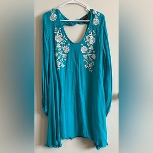 Rock & Roll Cowgirl Teal Tunic Dress with White Floral Embroidery